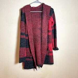 RED Hooded Cardigan Sweater Womens Medium Red Plaid Long Sleeve Pockets